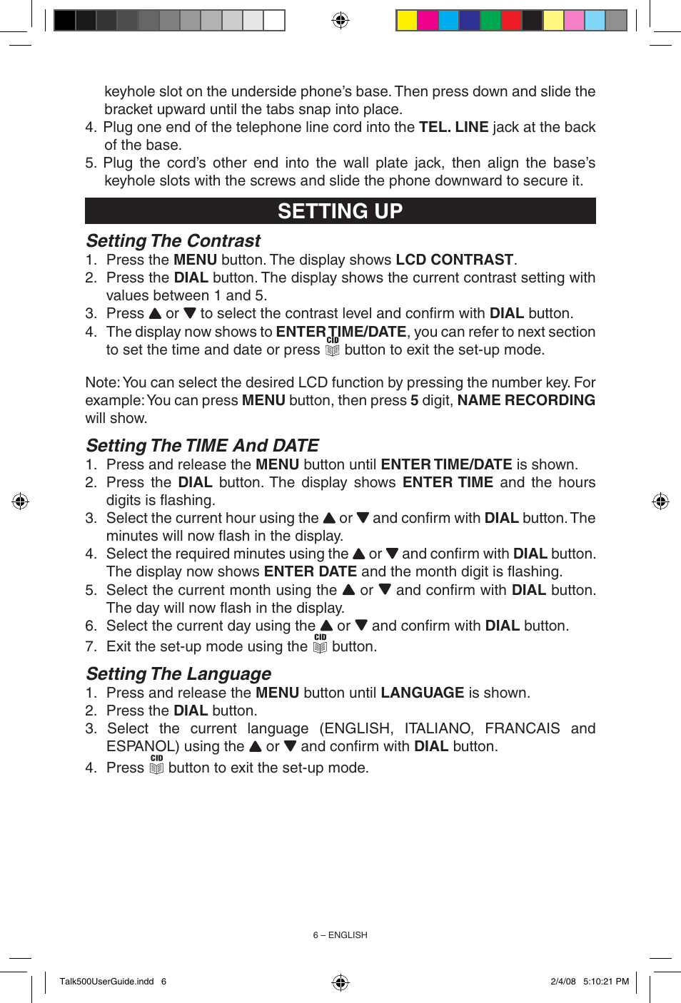 Setting up, Setting the contrast, Setting the time and date | Setting the language | ClearSounds TALK500 User Manual | Page 6 / 32