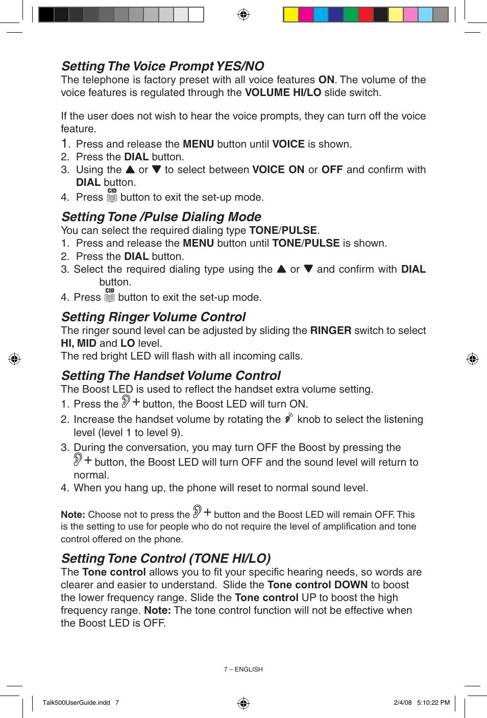 Setting the voice prompt yes/no, Setting tone /pulse dialing mode, Setting ringer volume control | Setting the handset volume control, Setting tone control (tone hi/lo) | ClearSounds TALK500 User Manual | Page 7 / 32