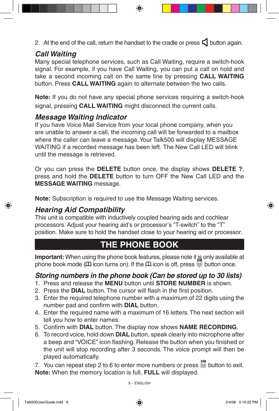 The phone book, Call waiting, Message waiting indicator | Hearing aid compatibility | ClearSounds TALK500 User Manual | Page 9 / 32