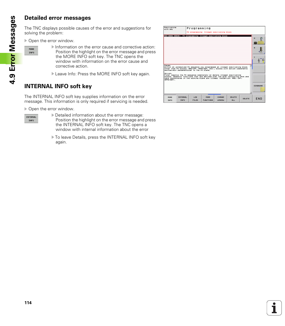 Detailed error messages, Internal info soft key, 9 er ror messag es | HEIDENHAIN TNC 620 (340 56x-01) User Manual | Page 114 / 539