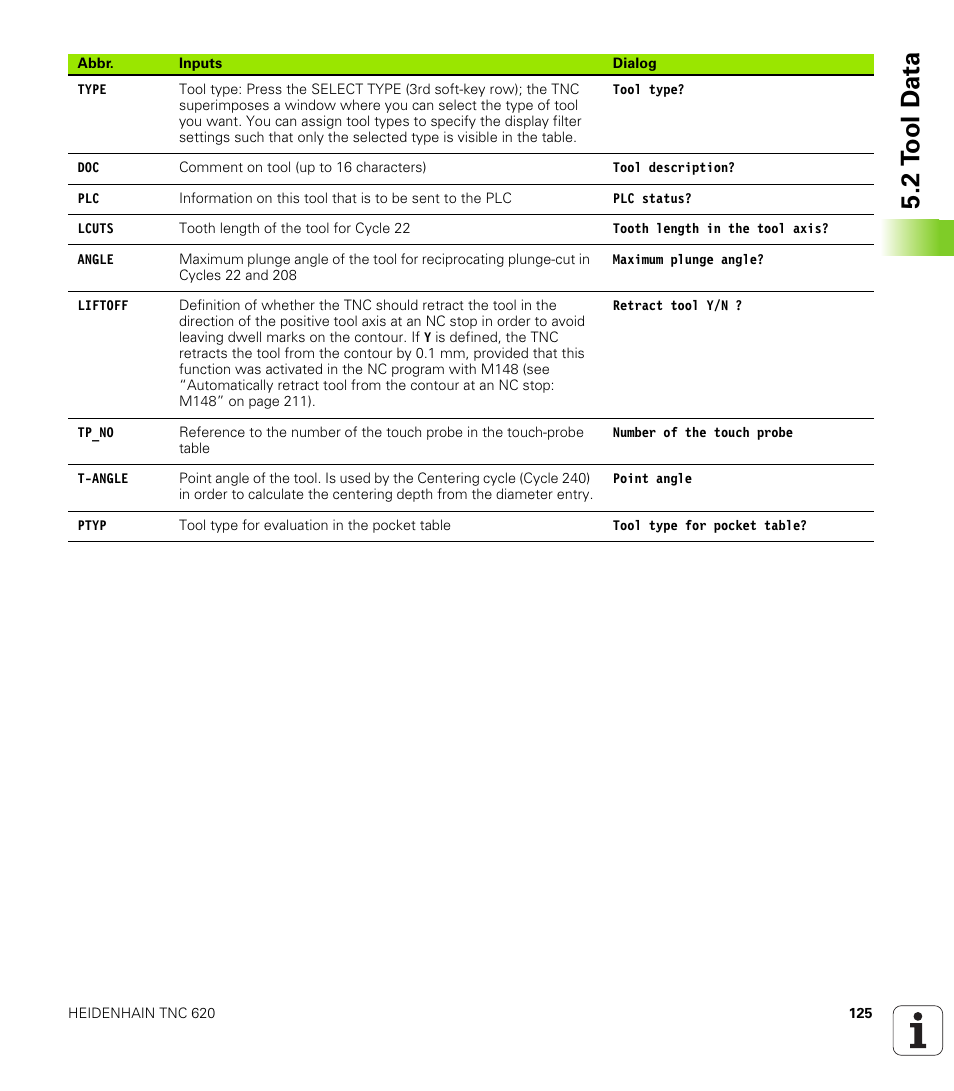 2 t ool d a ta | HEIDENHAIN TNC 620 (340 56x-01) User Manual | Page 125 / 539