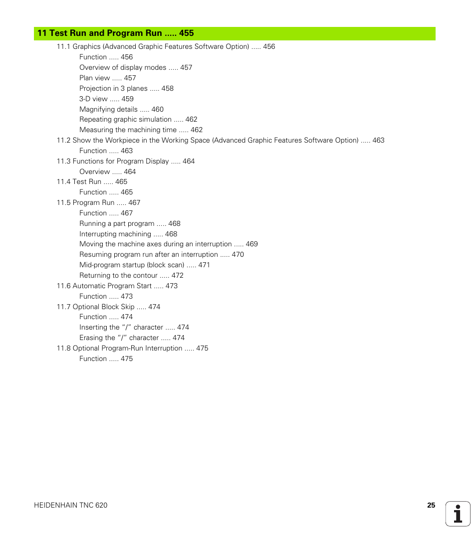 11 test run and program run, Test run and program run | HEIDENHAIN TNC 620 (340 56x-01) User Manual | Page 25 / 539
