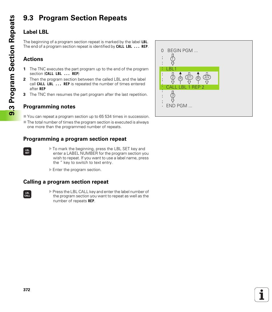 3 program section repeats, Label lbl, Actions | Programming notes, Programming a program section repeat, Calling a program section repeat | HEIDENHAIN TNC 620 (340 56x-01) User Manual | Page 372 / 539