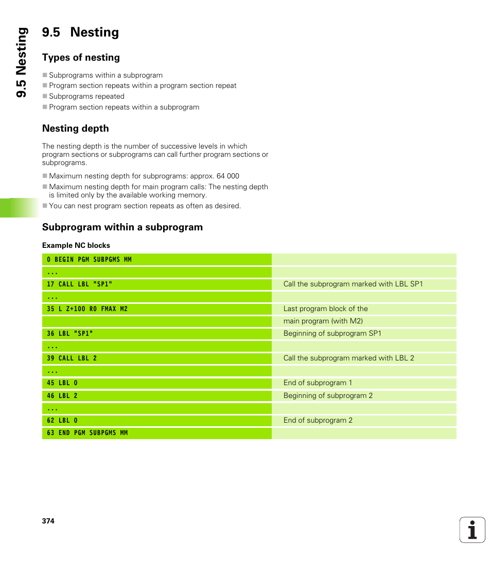 5 nesting, Types of nesting, Nesting depth | Subprogram within a subprogram | HEIDENHAIN TNC 620 (340 56x-01) User Manual | Page 374 / 539