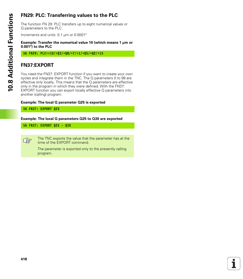 Fn29: plc: transferring values to the plc, Fn37:export, 10 .8 a d ditional f unctions | HEIDENHAIN TNC 620 (340 56x-01) User Manual | Page 418 / 539