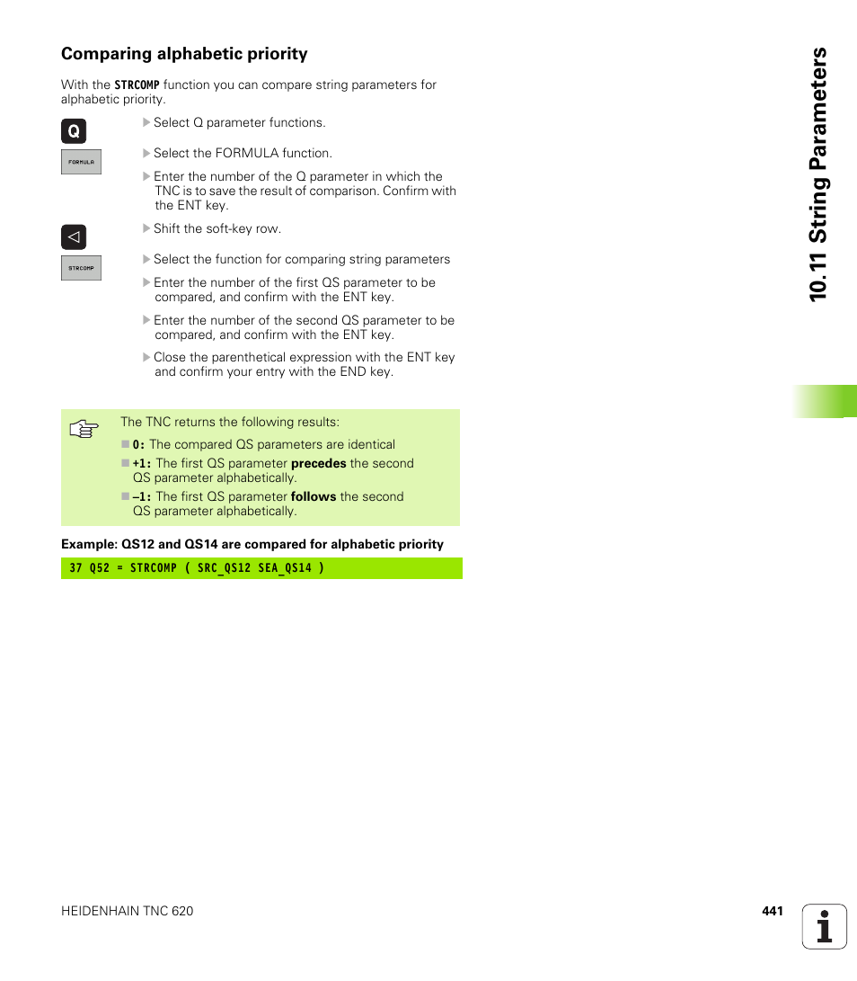 Comparing alphabetic priority, 10 .1 1 str ing p a ra met e rs | HEIDENHAIN TNC 620 (340 56x-01) User Manual | Page 441 / 539