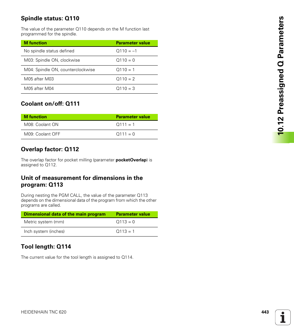Spindle status: q110, Coolant on/off: q111, Overlap factor: q112 | Tool length: q114 | HEIDENHAIN TNC 620 (340 56x-01) User Manual | Page 443 / 539