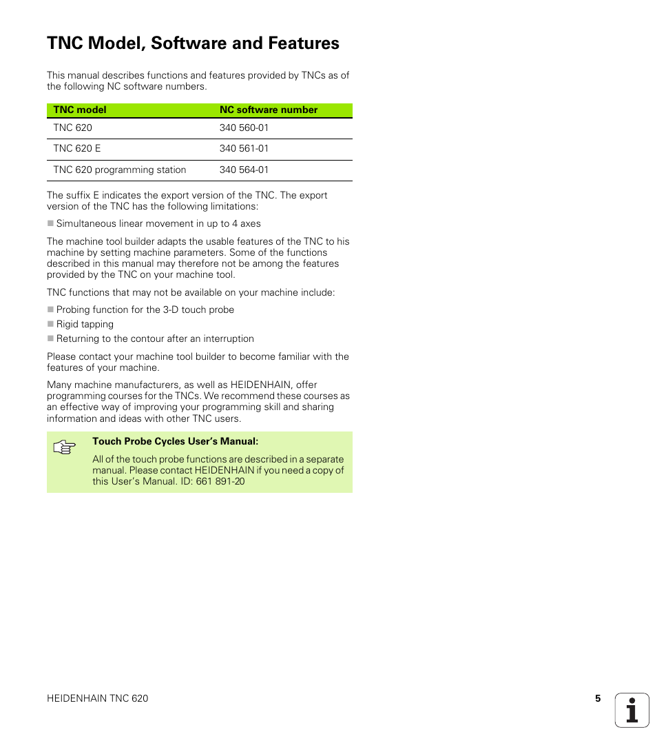 Tnc model, software and features | HEIDENHAIN TNC 620 (340 56x-01) User Manual | Page 5 / 539