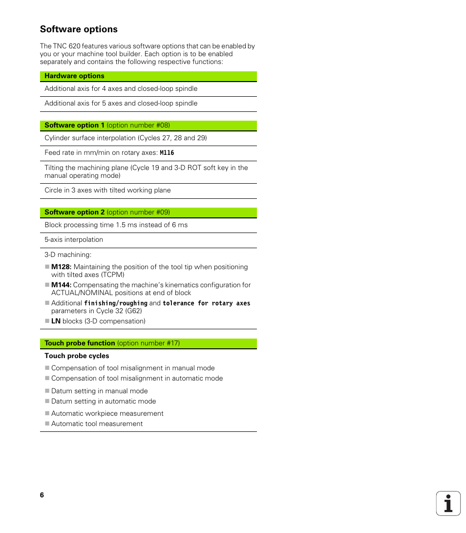 Software options | HEIDENHAIN TNC 620 (340 56x-01) User Manual | Page 6 / 539