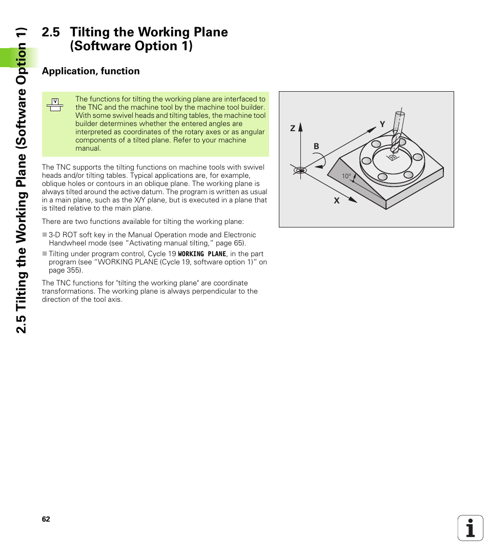 5 tilting the working plane (software option 1), Application, function | HEIDENHAIN TNC 620 (340 56x-01) User Manual | Page 62 / 539