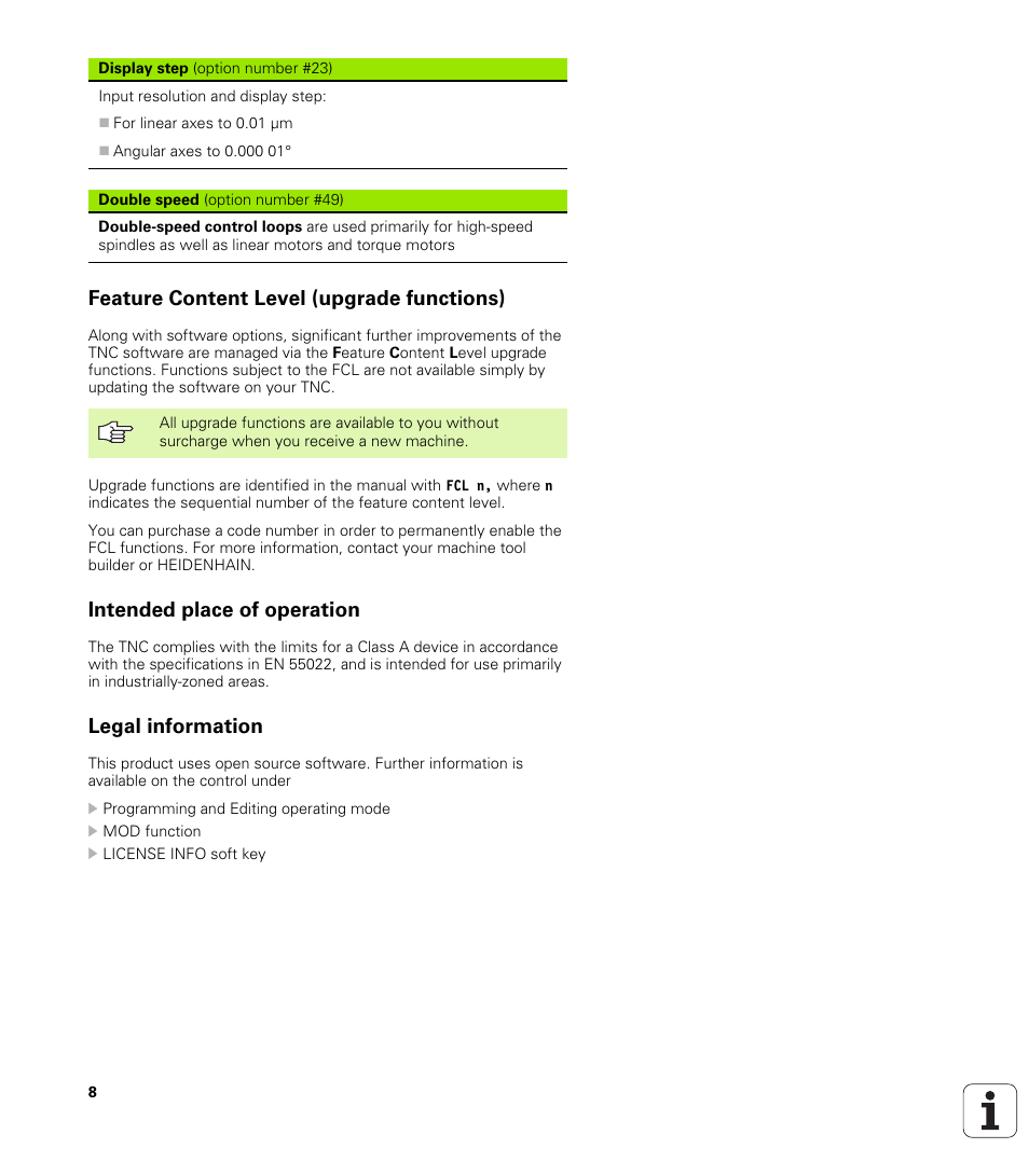 Feature content level (upgrade functions), Intended place of operation, Legal information | HEIDENHAIN TNC 620 (340 56x-01) User Manual | Page 8 / 539
