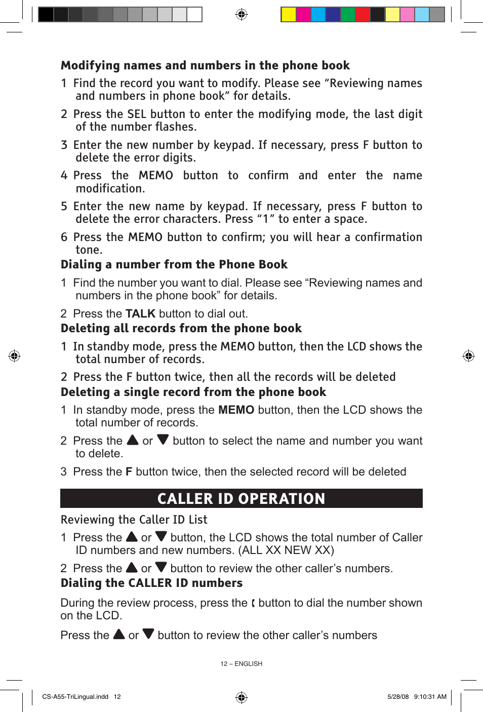 Caller id operation | ClearSounds CS-A55 User Manual | Page 12 / 19
