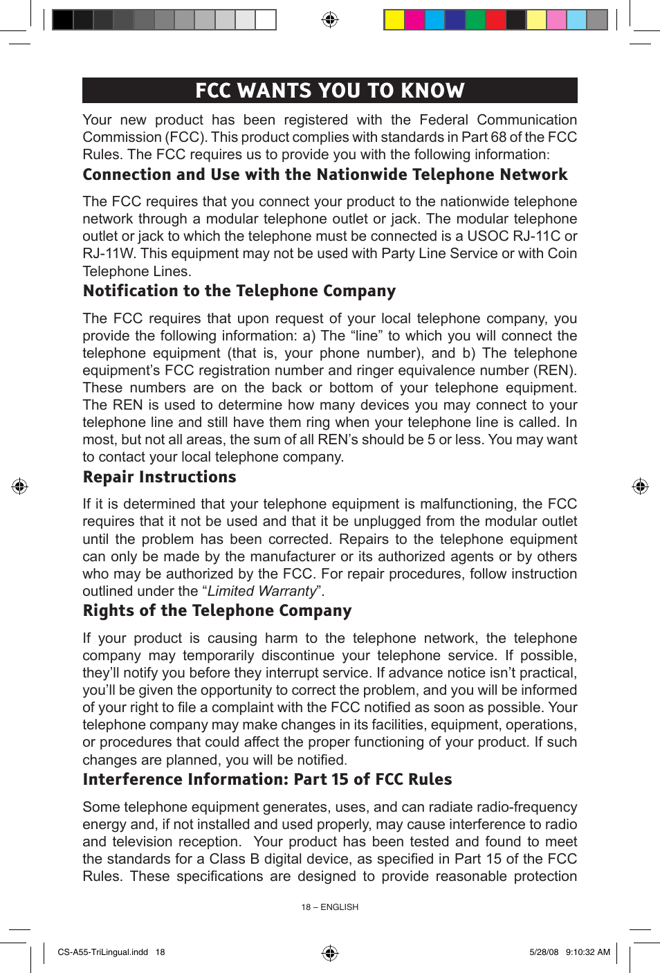 Fcc wants you to know, Notification to the telephone company, Repair instructions | Rights of the telephone company, Interference information: part 15 of fcc rules | ClearSounds CS-A55 User Manual | Page 18 / 19