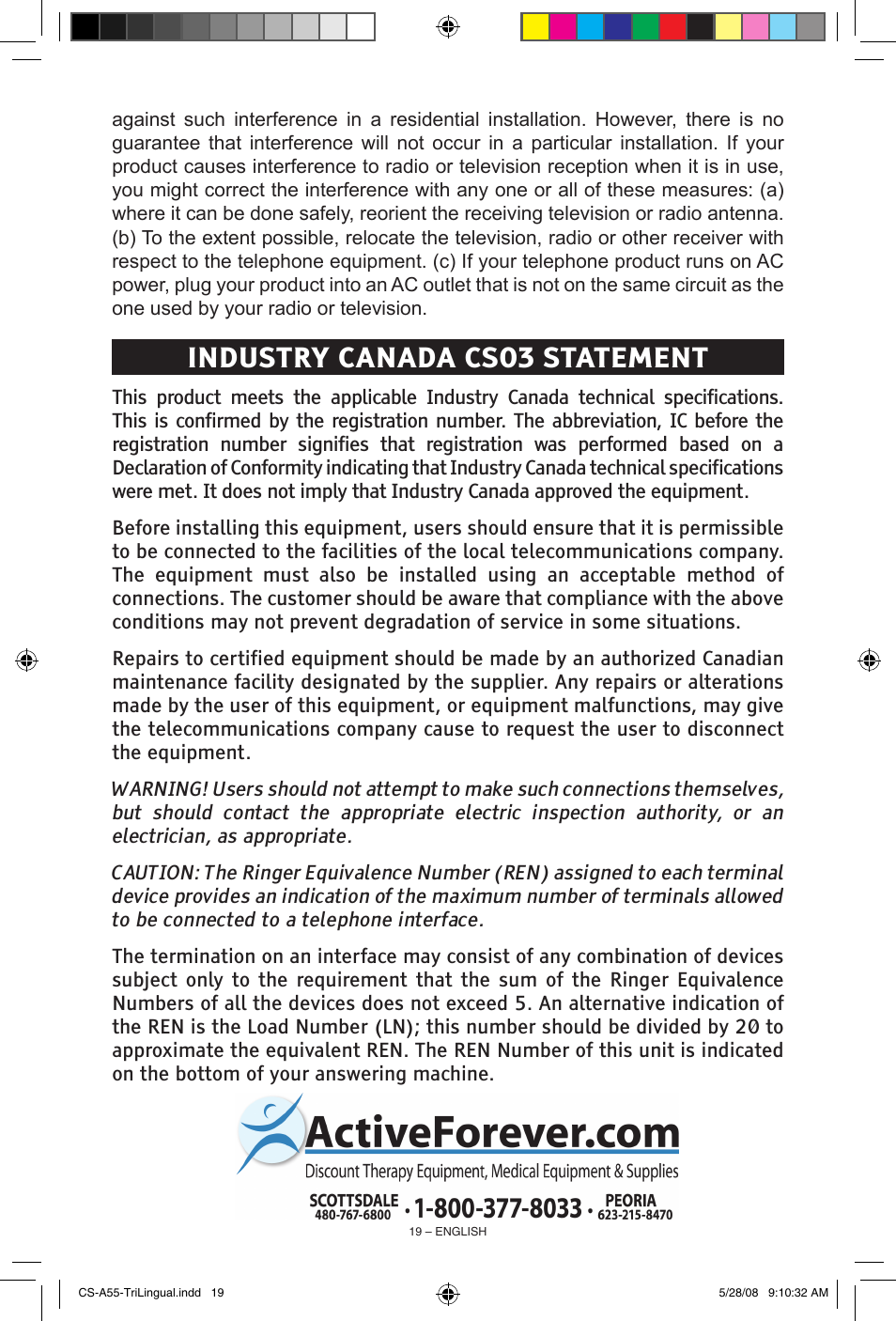 Industry canada cs03 statement | ClearSounds CS-A55 User Manual | Page 19 / 19
