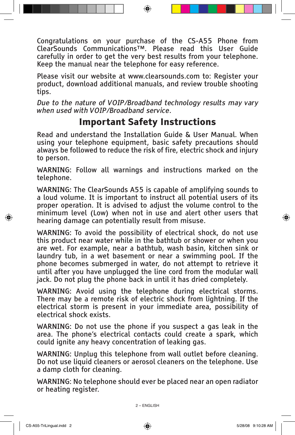 Important safety instructions | ClearSounds CS-A55 User Manual | Page 2 / 19