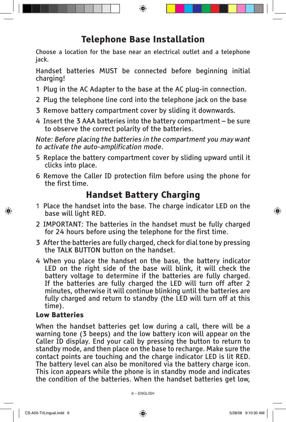 Telephone base installation, Handset battery charging | ClearSounds CS-A55 User Manual | Page 6 / 19