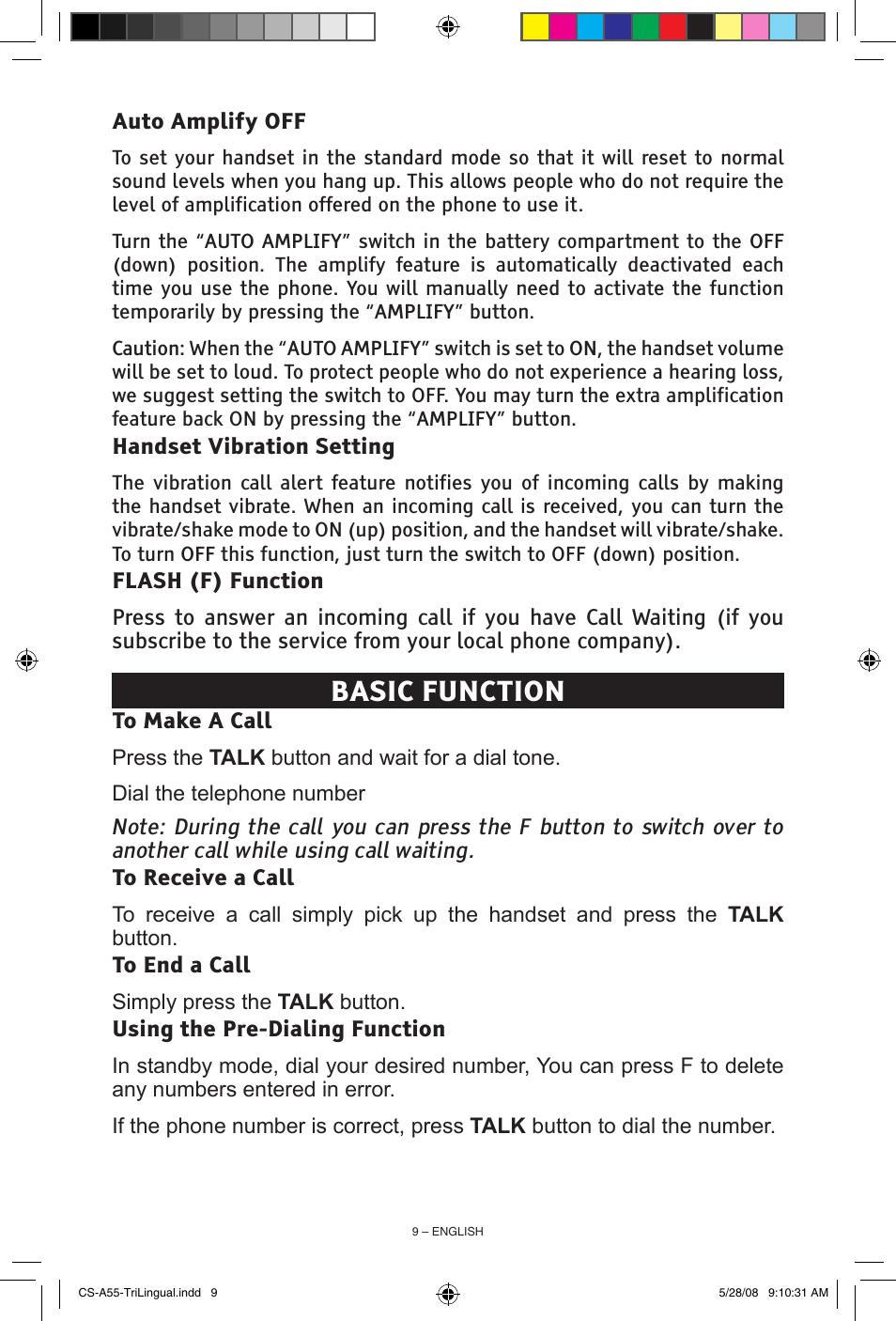 Basic function | ClearSounds CS-A55 User Manual | Page 9 / 19