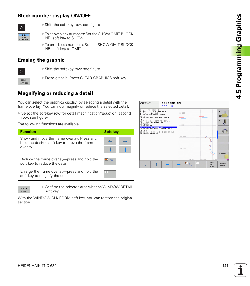 Block number display on/off, Erasing the graphic, Magnifying or reducing a detail | 5 pr ogr amming gr aphics | HEIDENHAIN TNC 620 (340 56x-02) User Manual | Page 121 / 511