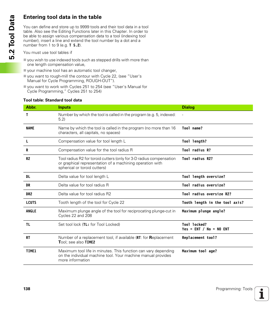 Entering tool data in the table, 2 t ool d a ta | HEIDENHAIN TNC 620 (340 56x-02) User Manual | Page 138 / 511