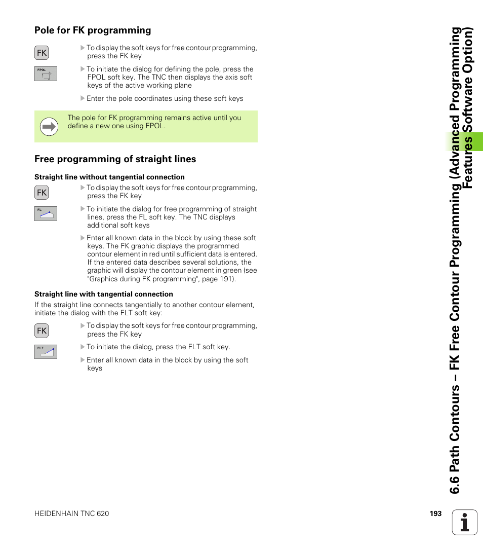 Pole for fk programming, Free programming of straight lines | HEIDENHAIN TNC 620 (340 56x-02) User Manual | Page 193 / 511