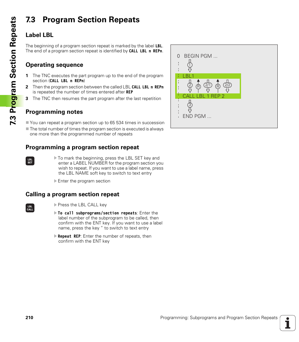 3 program section repeats, Label lbl, Operating sequence | Programming notes, Programming a program section repeat, Calling a program section repeat | HEIDENHAIN TNC 620 (340 56x-02) User Manual | Page 210 / 511