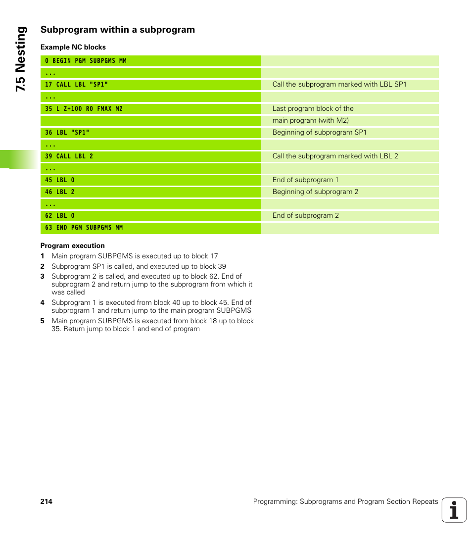 Subprogram within a subprogram, 5 nesting | HEIDENHAIN TNC 620 (340 56x-02) User Manual | Page 214 / 511