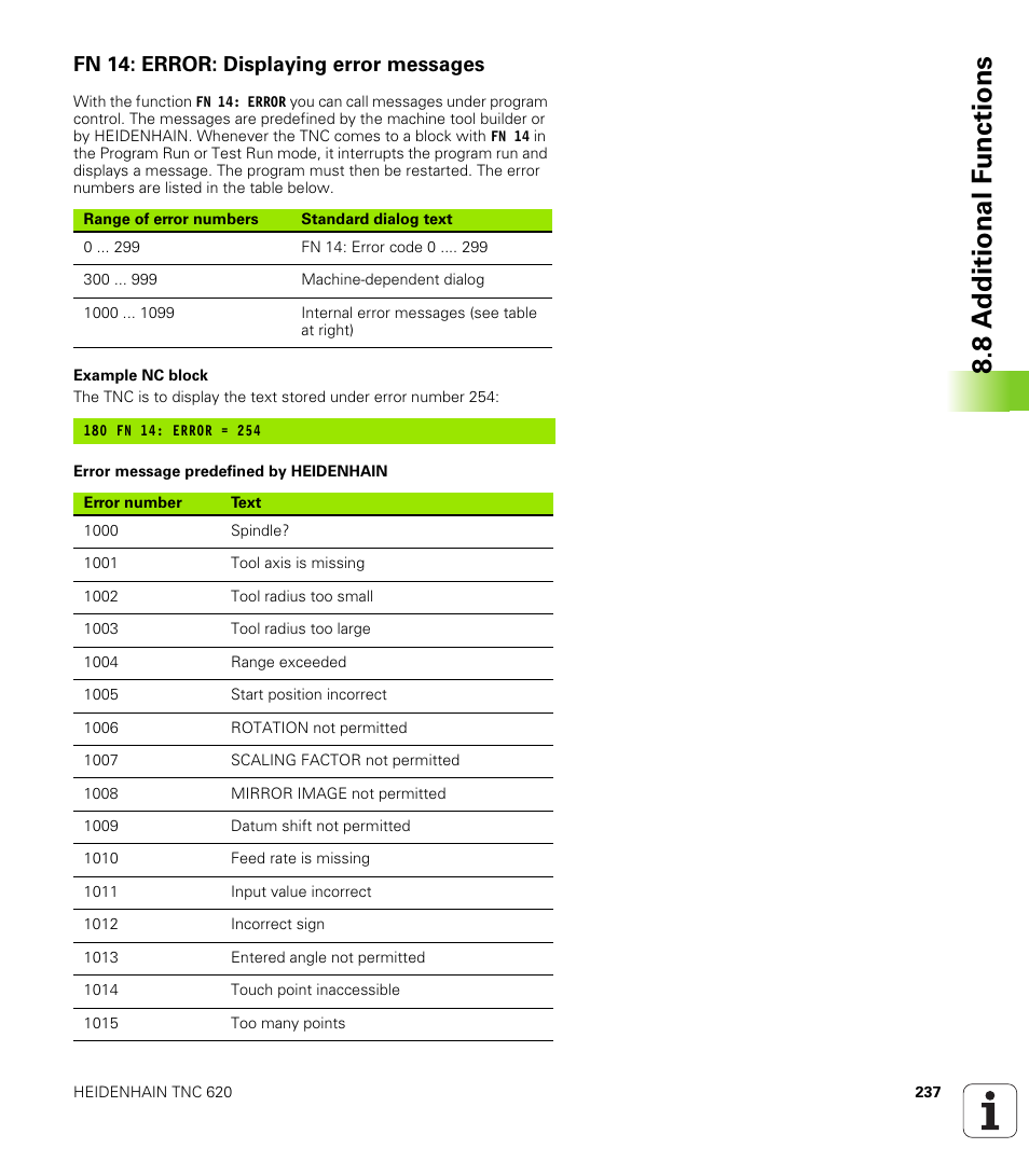 Fn 14: error: displaying error messages, 8 a d ditional f unctions | HEIDENHAIN TNC 620 (340 56x-02) User Manual | Page 237 / 511
