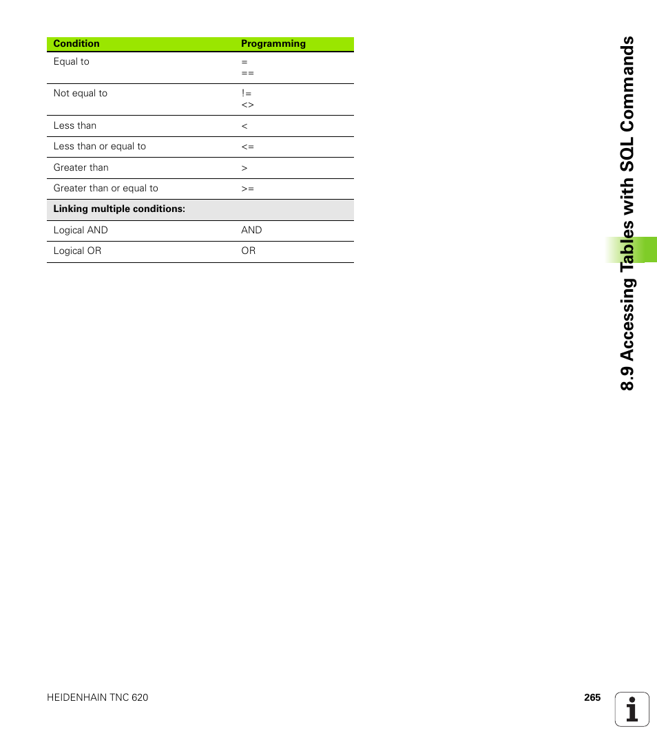 9 a c cessing t a bles with sql commands | HEIDENHAIN TNC 620 (340 56x-02) User Manual | Page 265 / 511