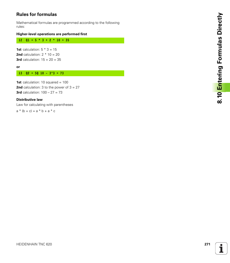 Rules for formulas, 1 0 ent er ing f o rm ulas dir e ctly | HEIDENHAIN TNC 620 (340 56x-02) User Manual | Page 271 / 511