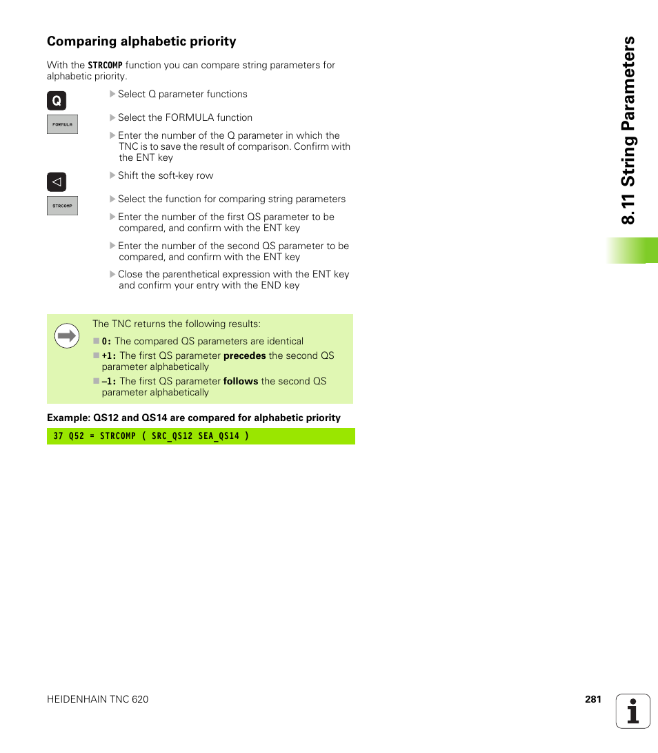 Comparing alphabetic priority, 1 1 str ing p a ra met e rs | HEIDENHAIN TNC 620 (340 56x-02) User Manual | Page 281 / 511