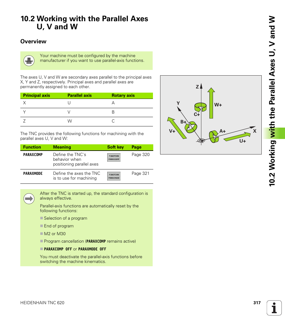 2 working with the parallel axes u, v and w, Overview | HEIDENHAIN TNC 620 (340 56x-02) User Manual | Page 317 / 511