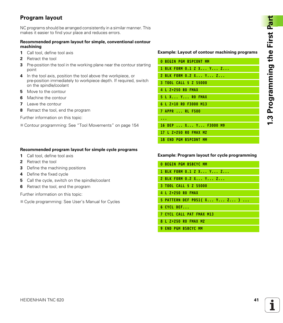 Program layout, 3 pr ogr amming the first p a rt | HEIDENHAIN TNC 620 (340 56x-02) User Manual | Page 41 / 511