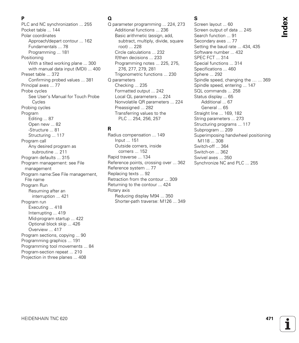 Index | HEIDENHAIN TNC 620 (340 56x-02) User Manual | Page 471 / 511