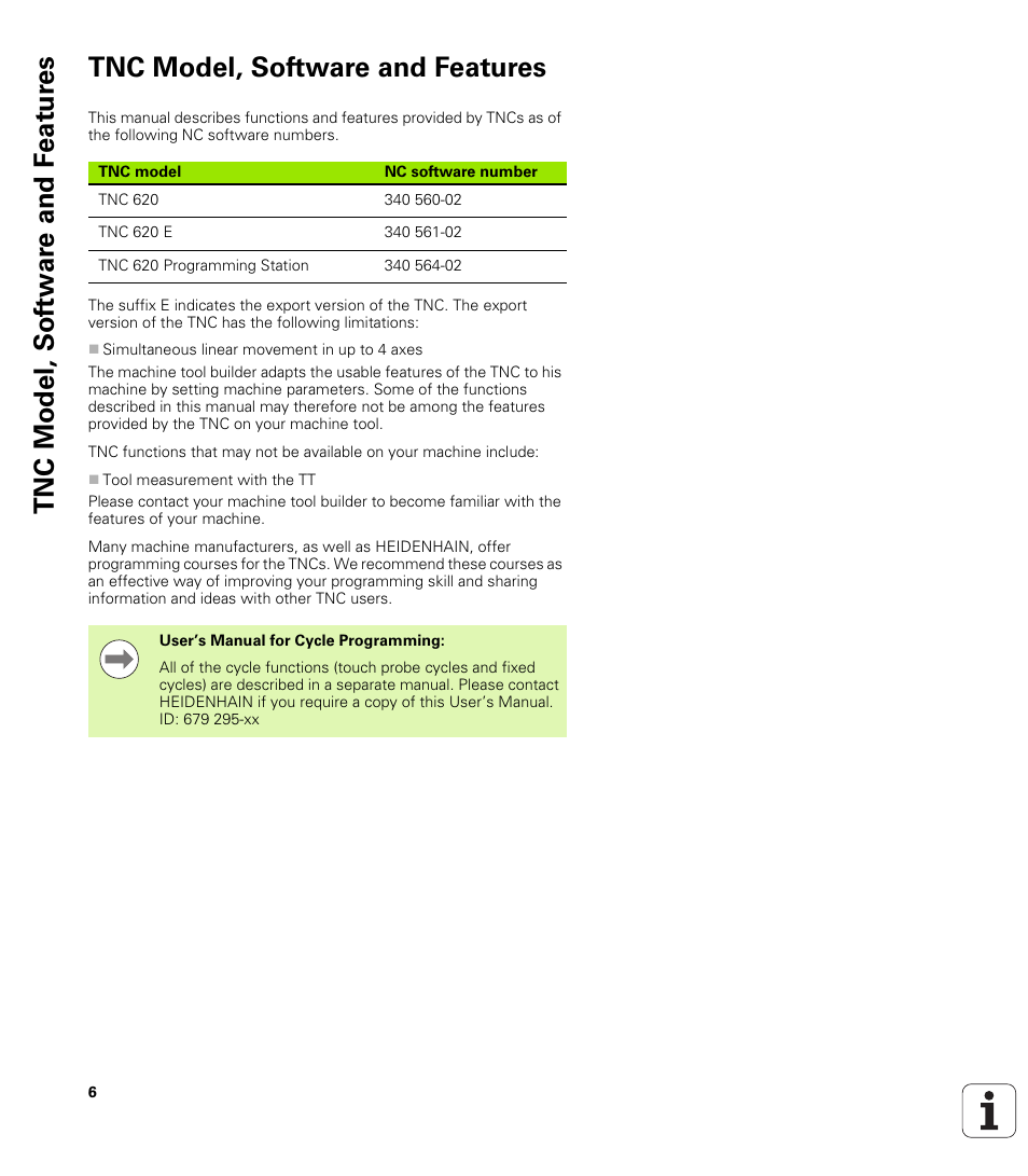 Tnc model, software and features | HEIDENHAIN TNC 620 (340 56x-02) User Manual | Page 6 / 511