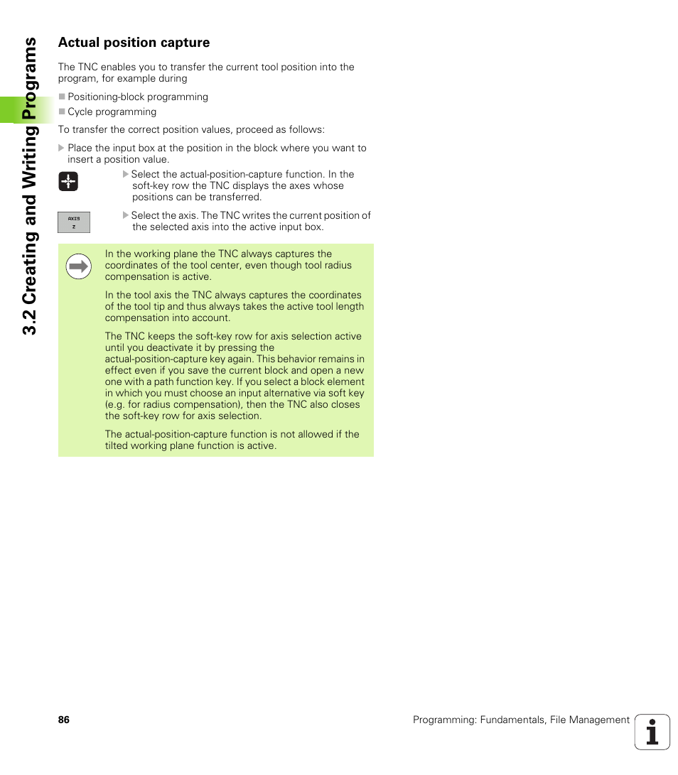 Actual position capture, 2 cr eating and w riting pr ogr a ms | HEIDENHAIN TNC 620 (340 56x-02) User Manual | Page 86 / 511