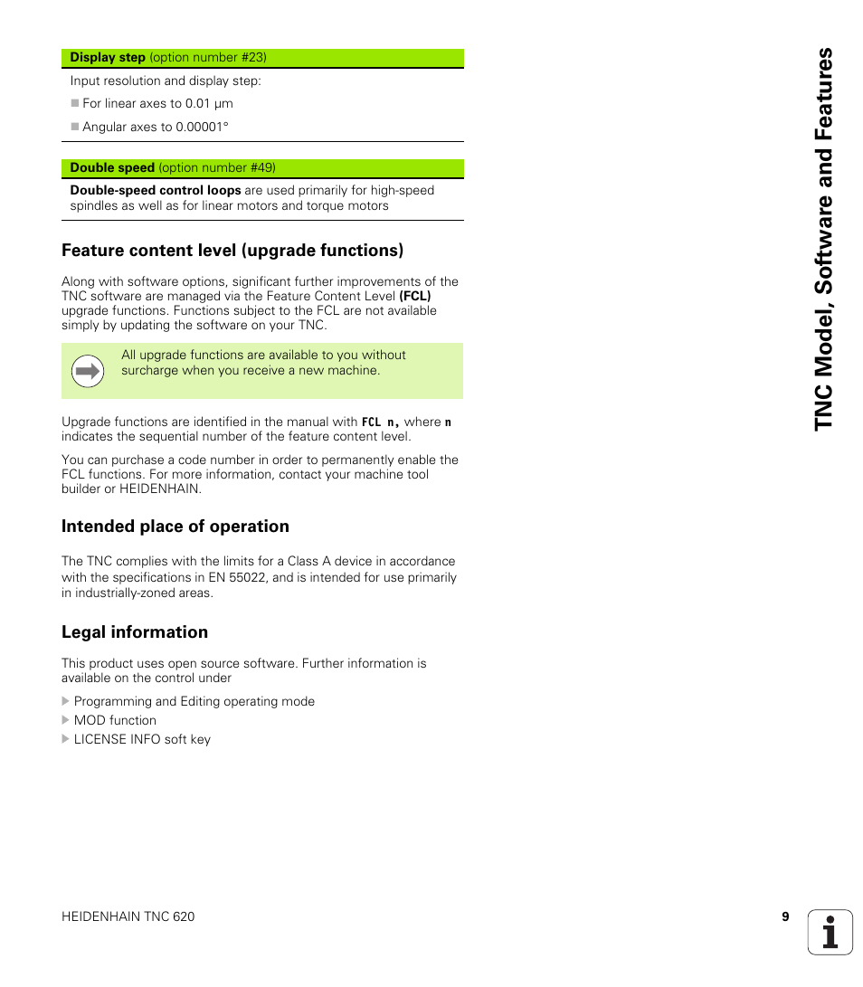 Feature content level (upgrade functions), Intended place of operation, Legal information | Tnc model, sof tw a re and f eat ur es | HEIDENHAIN TNC 620 (340 56x-02) User Manual | Page 9 / 511