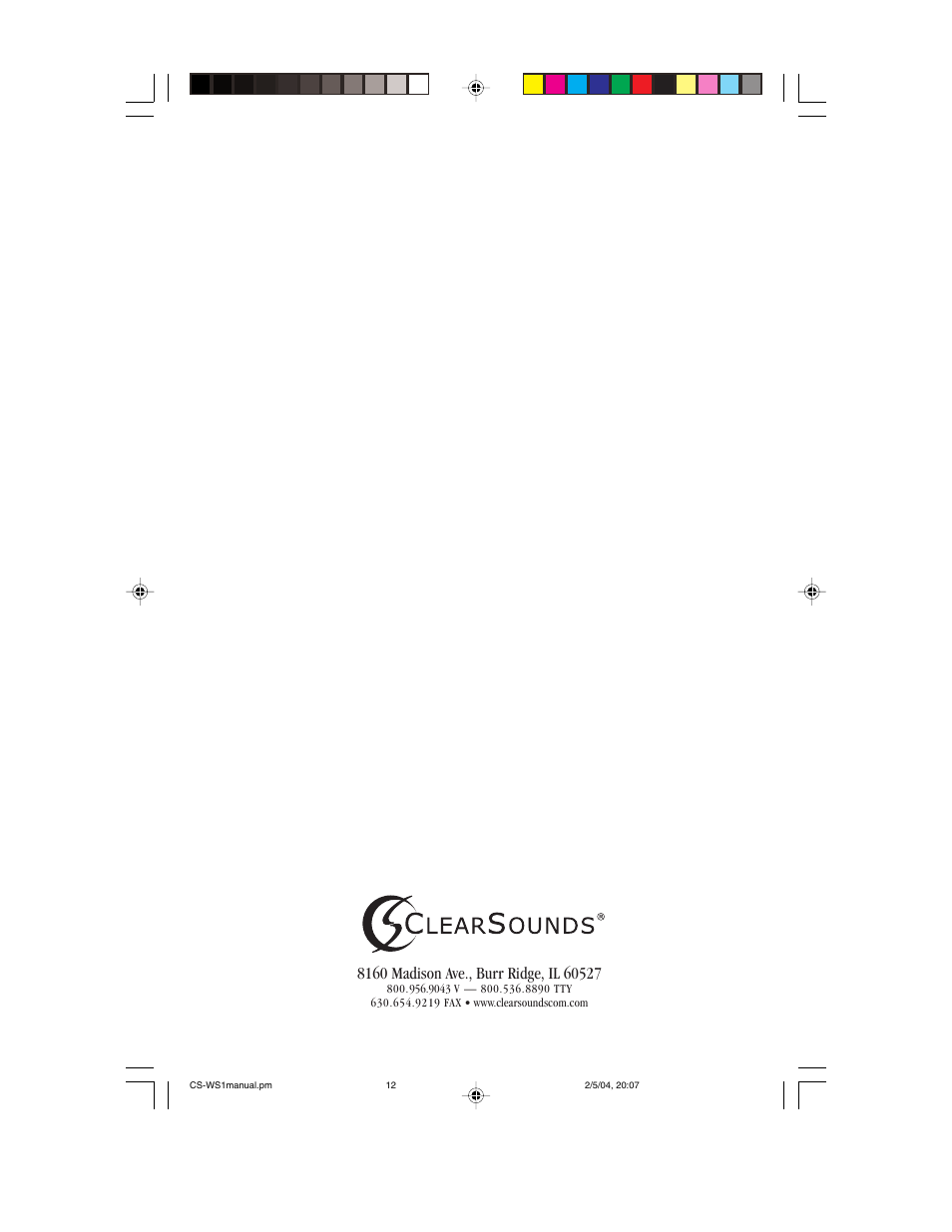 ClearSounds CS-WS1 User Manual | Page 12 / 12