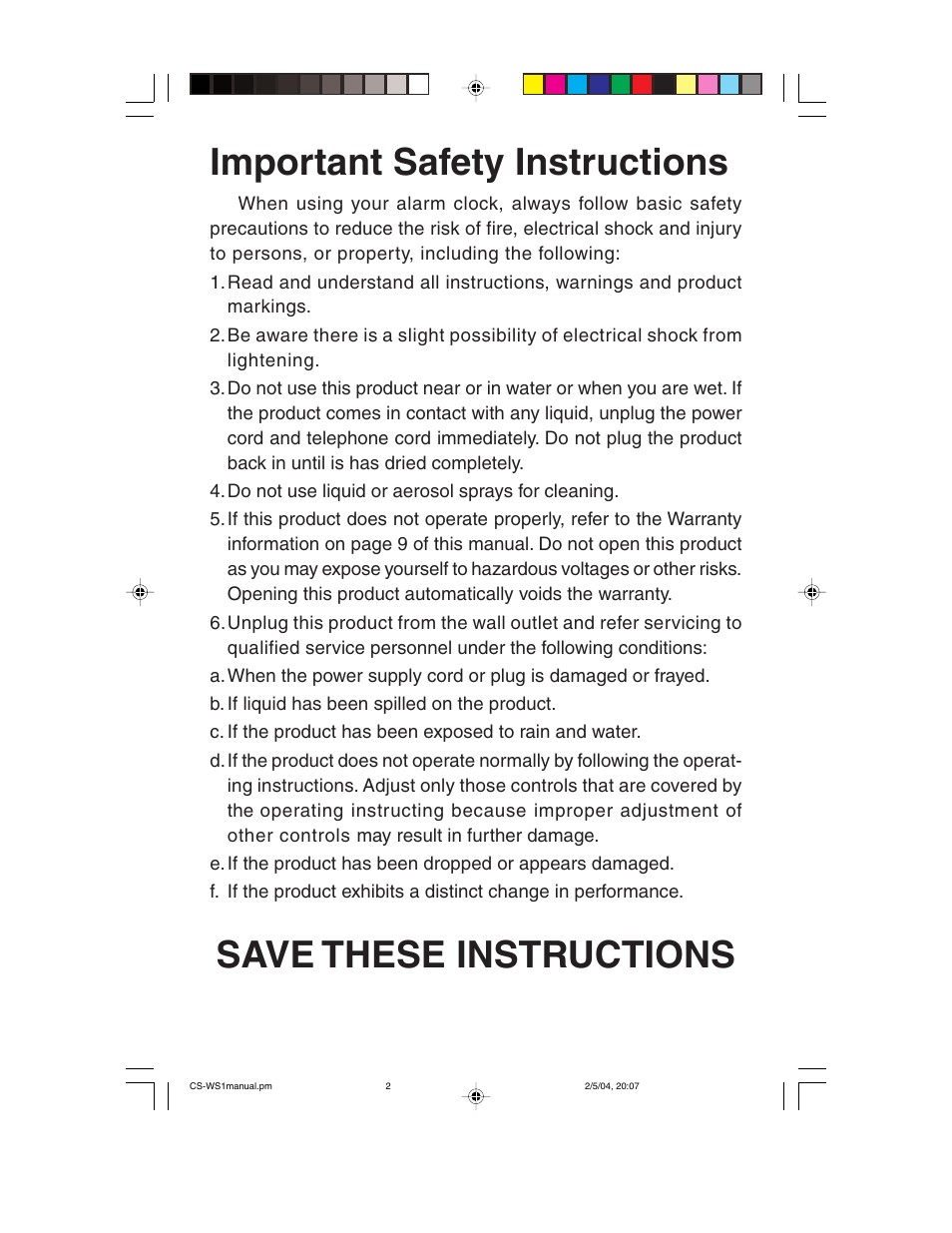 Important safety instructions, Save these instructions | ClearSounds CS-WS1 User Manual | Page 2 / 12