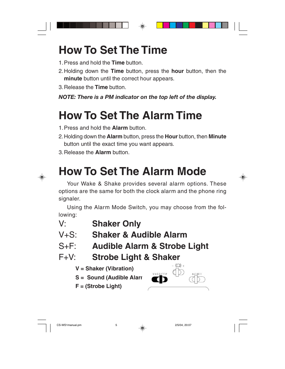 How to set the time, How to set the alarm time, How to set the alarm mode | ClearSounds CS-WS1 User Manual | Page 5 / 12