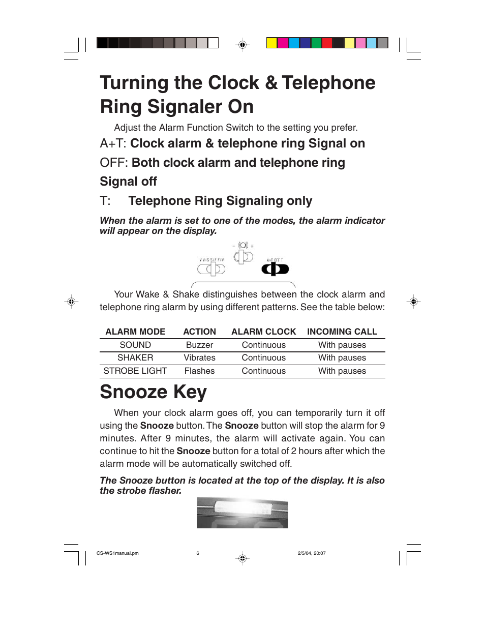 Turning the clock & telephone ring signaler on, Snooze key | ClearSounds CS-WS1 User Manual | Page 6 / 12