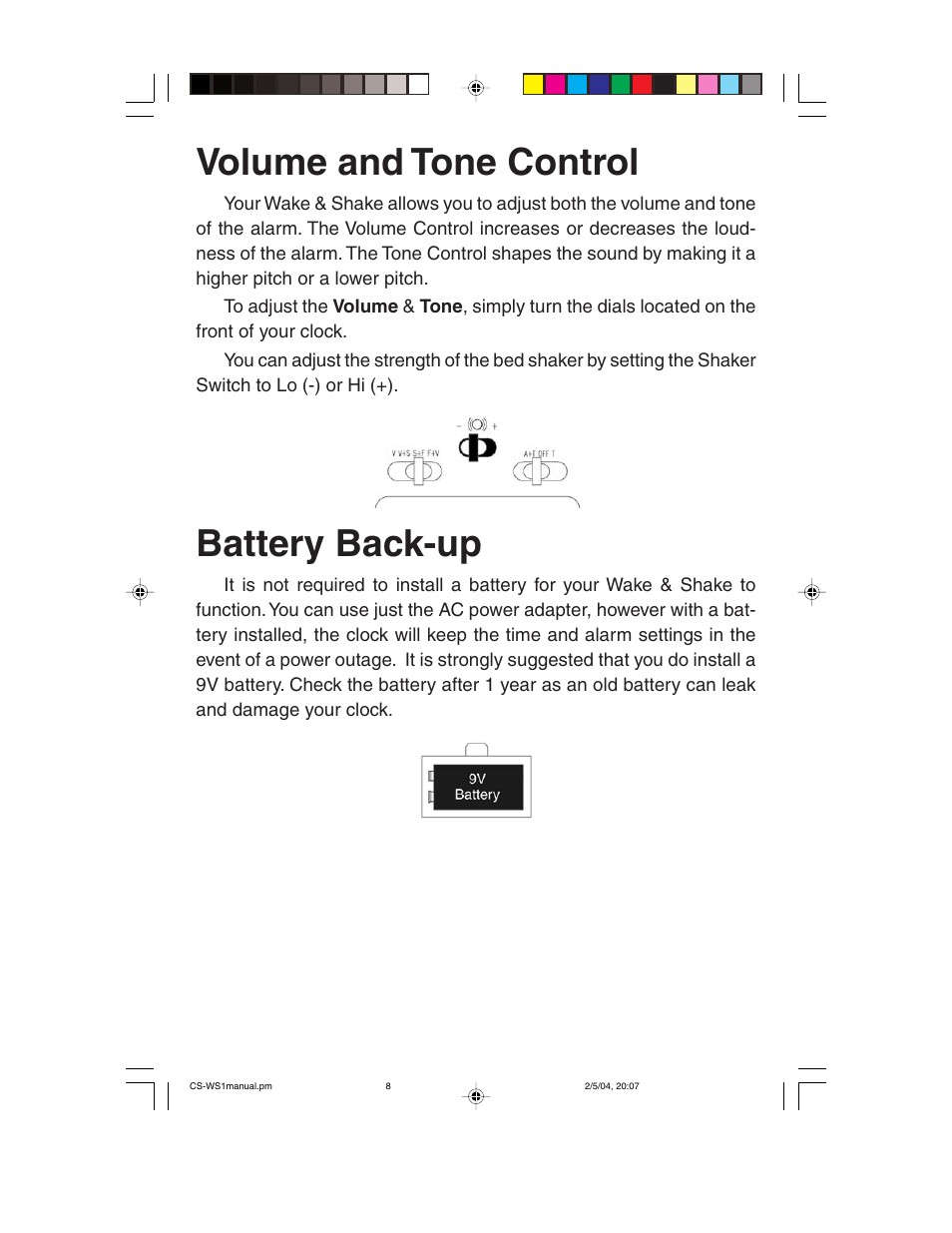 Volume and tone control, Battery back-up | ClearSounds CS-WS1 User Manual | Page 8 / 12