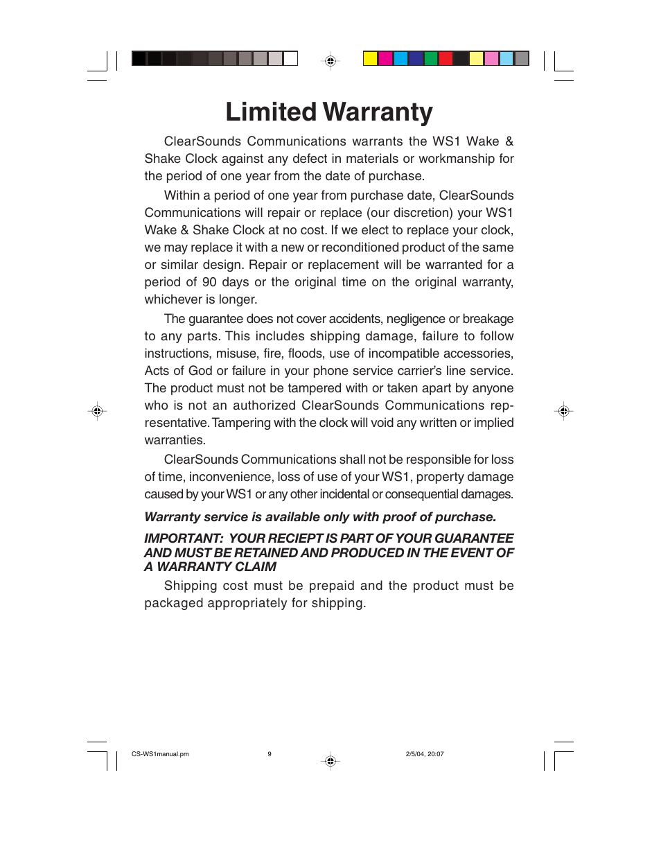 Limited warranty | ClearSounds CS-WS1 User Manual | Page 9 / 12