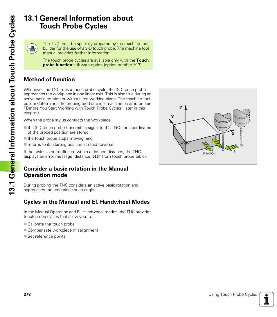 1 general information about touch probe cycles, Method of function, Cycles in the manual and el. handwheel modes | HEIDENHAIN TNC 620 (340 56x-02) Cycle programming User Manual | Page 278 / 437