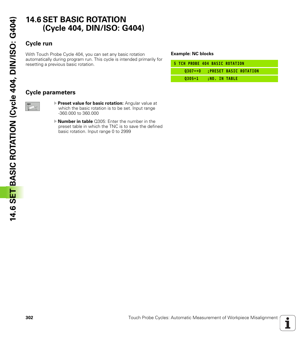 6 set basic rotation (cycle 404, din/iso: g404), Cycle run, Cycle parameters | HEIDENHAIN TNC 620 (340 56x-02) Cycle programming User Manual | Page 302 / 437