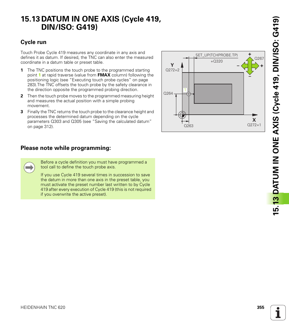 13 datum in one axis (cycle 419, din/iso: g419), Cycle run, Please note while programming | HEIDENHAIN TNC 620 (340 56x-02) Cycle programming User Manual | Page 355 / 437