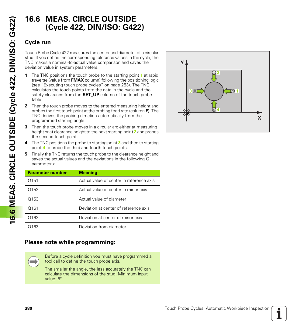 6 meas. circle outside (cycle 422, din/iso: g422), Cycle run, Please note while programming | HEIDENHAIN TNC 620 (340 56x-02) Cycle programming User Manual | Page 380 / 437
