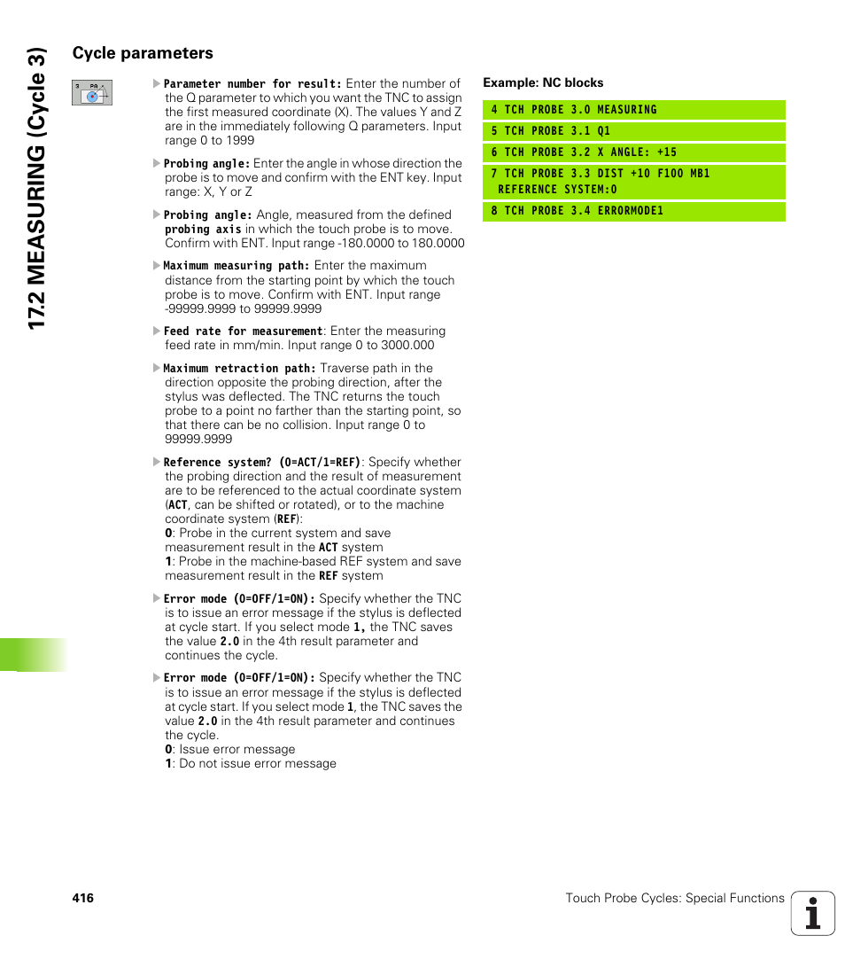 Cycle parameters, 2 mea s uring (cy c le 3) | HEIDENHAIN TNC 620 (340 56x-02) Cycle programming User Manual | Page 416 / 437