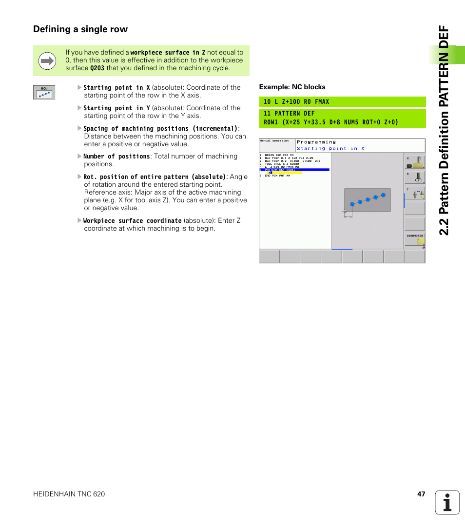 Defining a single row | HEIDENHAIN TNC 620 (340 56x-02) Cycle programming User Manual | Page 47 / 437