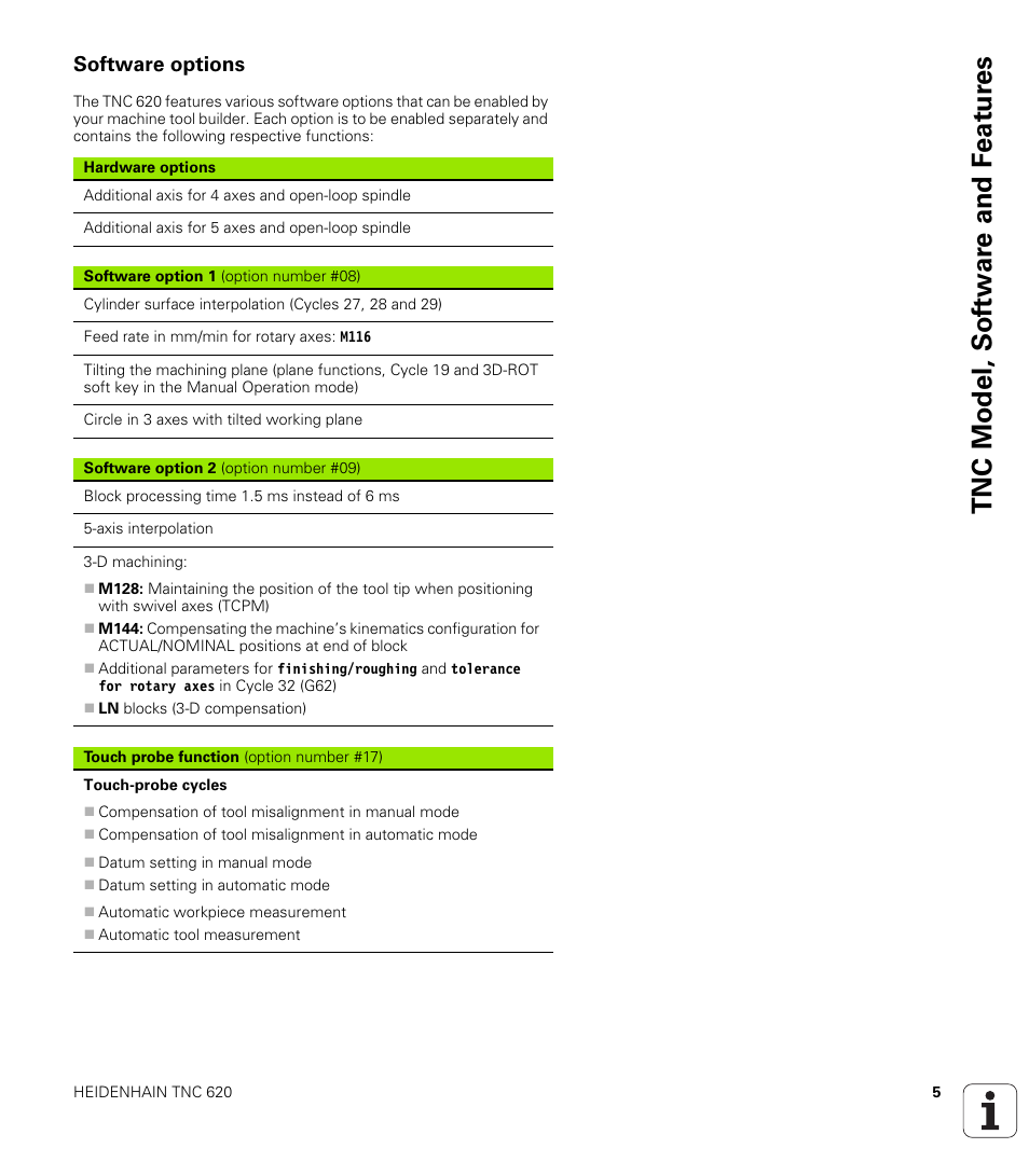 Software options, Tnc model, sof tw a re and f eat ur es | HEIDENHAIN TNC 620 (340 56x-02) Cycle programming User Manual | Page 5 / 437
