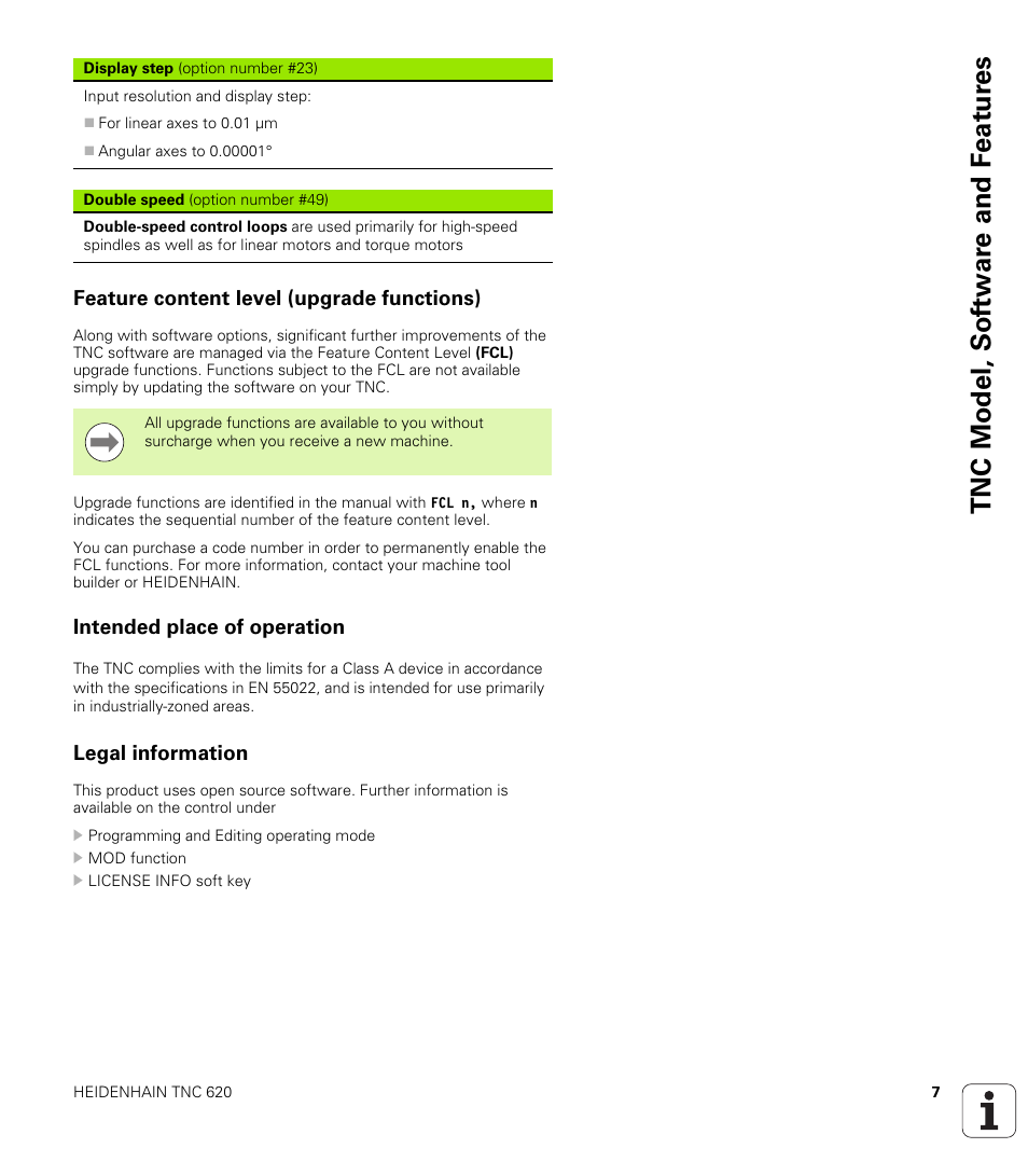 Feature content level (upgrade functions), Intended place of operation, Legal information | Tnc model, sof tw a re and f eat ur es | HEIDENHAIN TNC 620 (340 56x-02) Cycle programming User Manual | Page 7 / 437